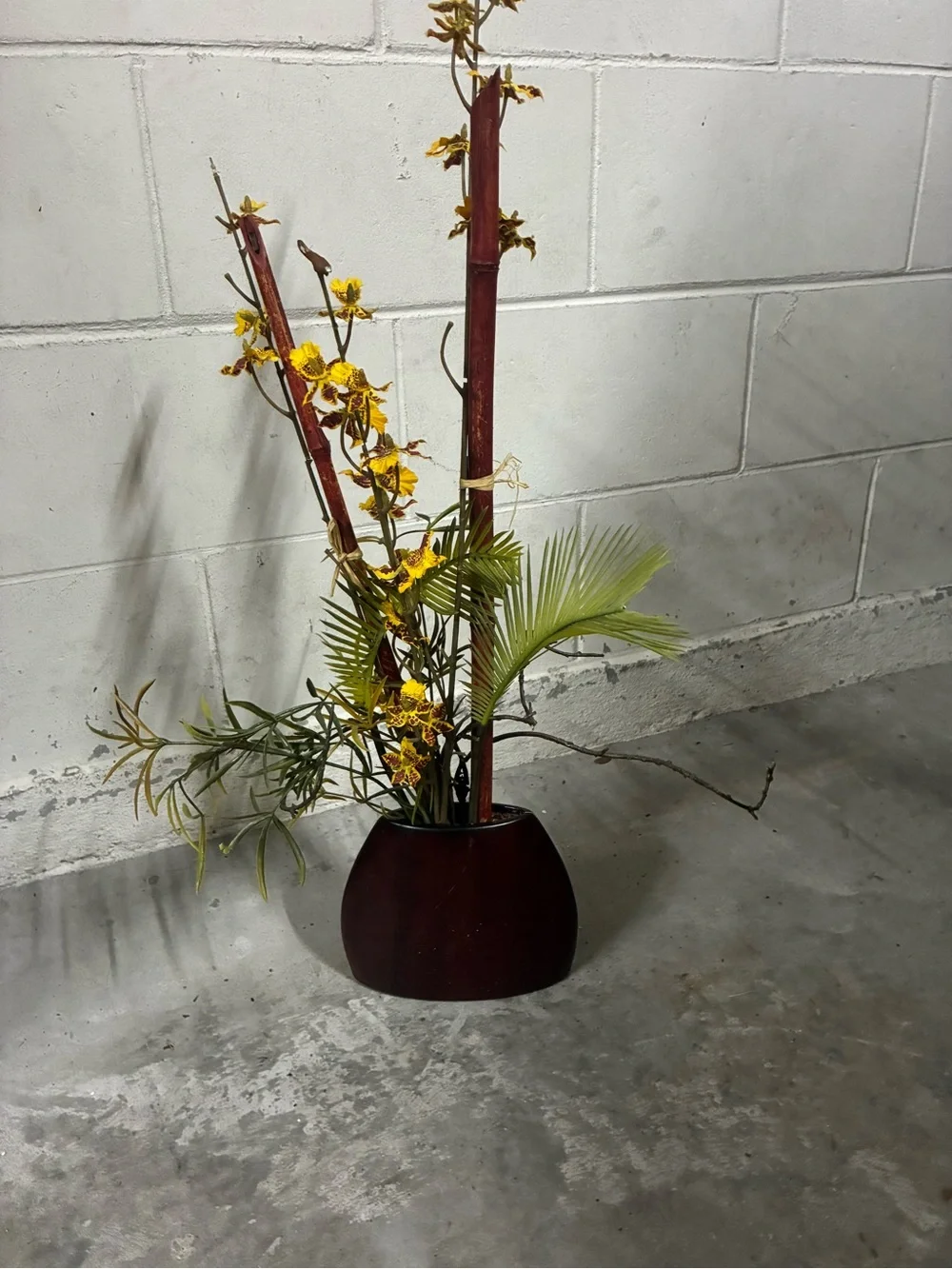 Artificial Yellow Orchid Floral Arrangement in Dark Brown Vase
